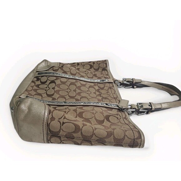 Coach Signature C Khaki Tote Jacquard Beaded Shoulder Bag Gold Brown F05J-8K52 - Picture 3 of 13